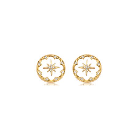 Brinco com detalhes cravejado de zircônia cristal e madre pérola banho em ouro 18k