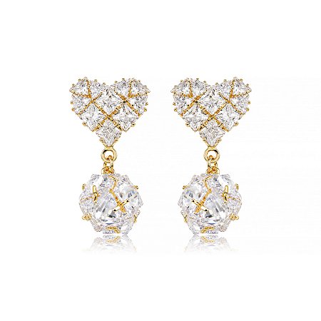 Brinco de coração cravejado de zircônia cristal banho em ouro 18k