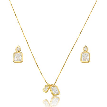 Conjunto de brinco e colar cravejado de zircônia cristal banho em ouro 18k
