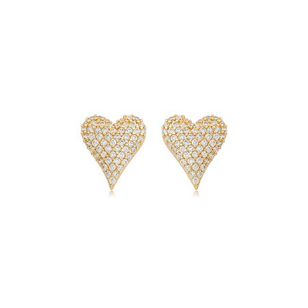 Brinco base de coração cravejado de zircônia cristal banho em ouro 18k