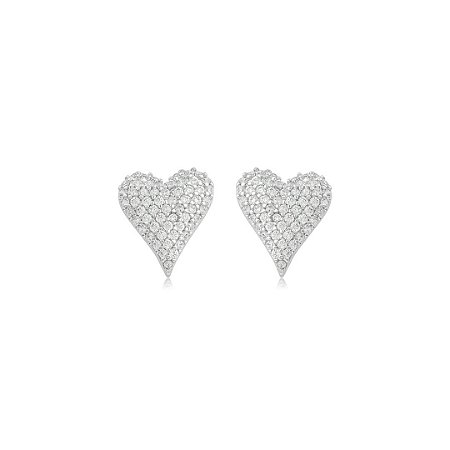 Brinco base de coração cravejado de zircônia cristal banho em ródio branco