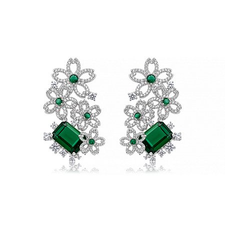 Brinco de luxo flor cravejado de zircônia cristal e esmeralda banho em ródio branco