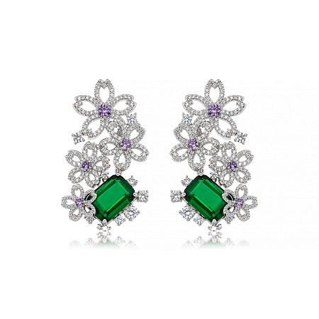 Brinco de luxo flor cravejado de zircônia cristal e esmeralda banho em ródio branco