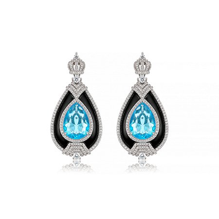 Brinco de luxo esmaltado cravejado de zircônia cristal e acqua banho em ródio branco