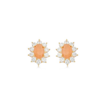 Brinco de base cravejado de zircônia cristal com pedra fusion morganita banho em ouro 18k