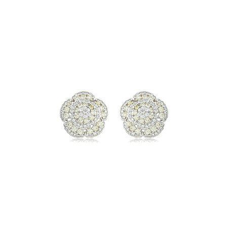 Brinco de base flor cravejado de zircônia cristal e yellow fancy banho em ródio branco