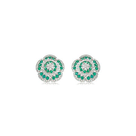 Brinco de base flor cravejado de zircônia cristal e esmeralda banho em ródio branco
