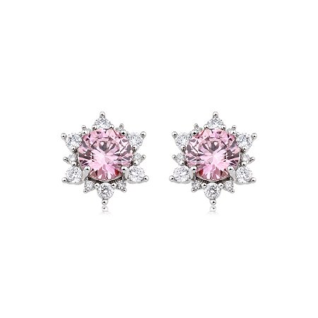 Brinco de base cravejado de zircônia cristal e rosa claro banho em ródio branco