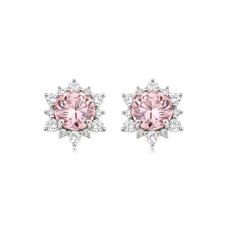 Brinco de base cravejado de zircônia cristal e rosa claro banho em ródio branco
