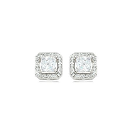 Brinco de base quadrado cravejado de zircônia cristal banho em ródio branco