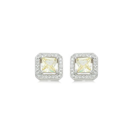 Brinco de base quadrado cravejado de zircônia cristal e yellow fancy banho em ródio branco