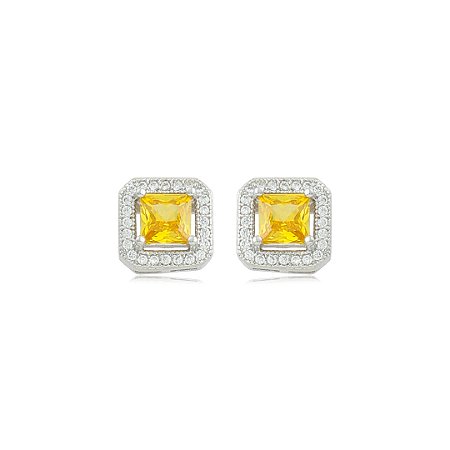 Brinco de base quadrado cravejado de zircônia cristal e yellow banho em ródio branco