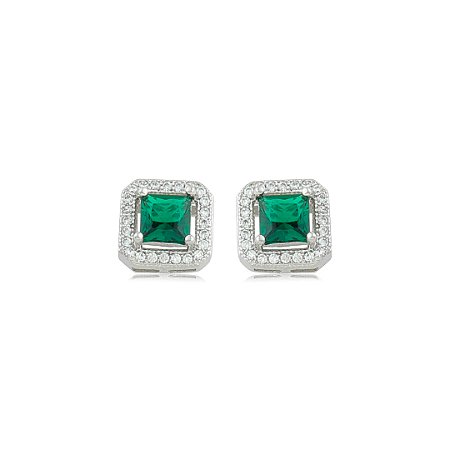 Brinco de base quadrado cravejado de zircônia cristal e esmeralda banho em ródio branco