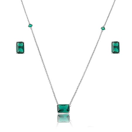 Conjunto de brinco e colar cravejado de zircônia esmeralda banho em ródio branco