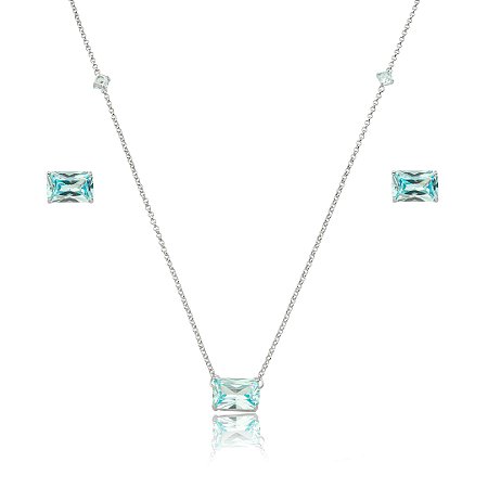 Conjunto de brinco e colar cravejado de zircônia acqua banho em ródio branco