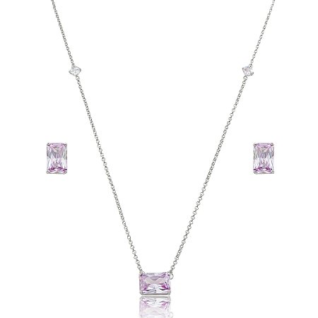 Conjunto de brinco e colar cravejado de zircônia ametista banho em ródio branco