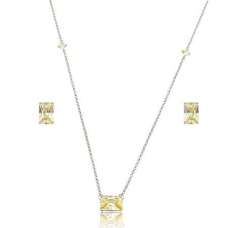 Conjunto de brinco e colar cravejado de zircônia yellow fancy banho em ródio branco