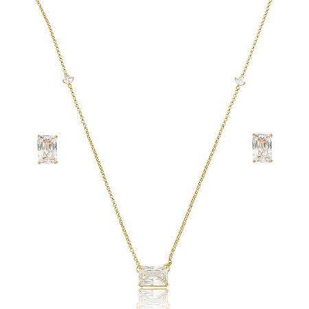 Conjunto de brinco e colar cravejado de zircônia cristal banho em ouro 18k