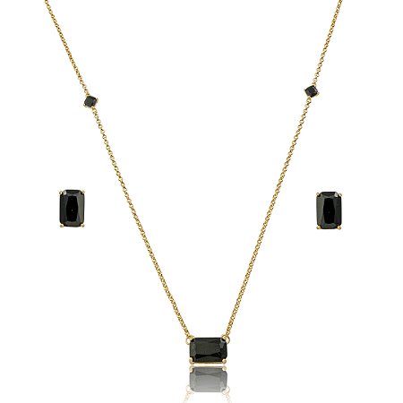 Conjunto de brinco e colar cravejado de zircônia ônix banho em ouro 18k
