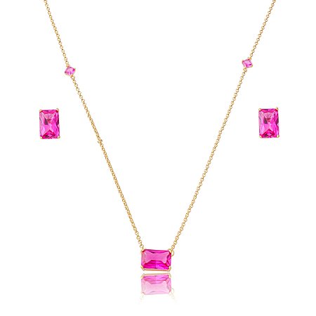 Conjunto de brinco e colar cravejado de zircônia pink banho em ouro 18k