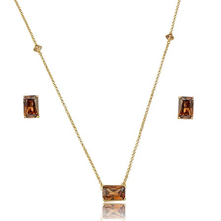 Conjunto de brinco e colar cravejado de zircônia coffe banho em ouro 18k