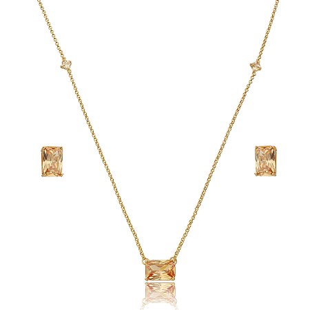 Conjunto de brinco e colar cravejado de zircônia champanhe banho em ouro 18k