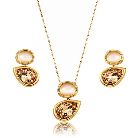 Conjunto gota de brinco e colar cravejado de zircônia morganita e pedra natural banho em ouro 18k