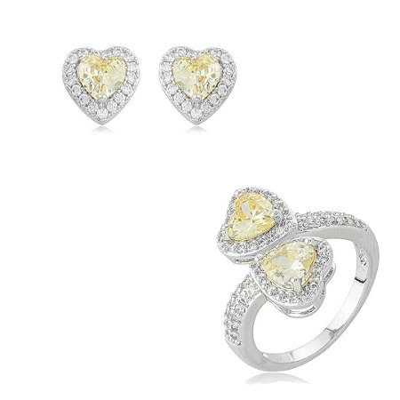 Conjunto de brinco e anel coração regulável com zircônia cristal e yellow fancy banho em ródio branco
