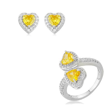 Conjunto de brinco e anel coração regulável com zircônia cristal e yellow banho em ródio branco