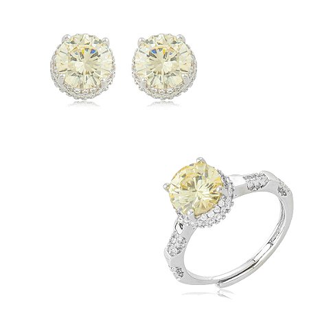 Conjunto de brinco e anel redondo regulável com zircônia cristal e yellow fancy banho em ródio branco