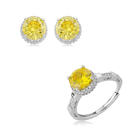 Conjunto de brinco e anel redondo regulável com zircônia cristal e yellow banho em ródio branco