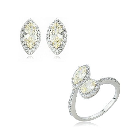 Conjunto de brinco e anel navete regulável com zircônia cristal e yellow fancy banho em ródio branco