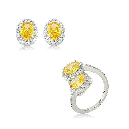 Conjunto de brinco e anel oval regulável com zircônia cristal e yellow banho em ródio branco