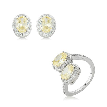 Conjunto de brinco e anel oval regulável com zircônia cristal e yellow fancy banho em ródio branco