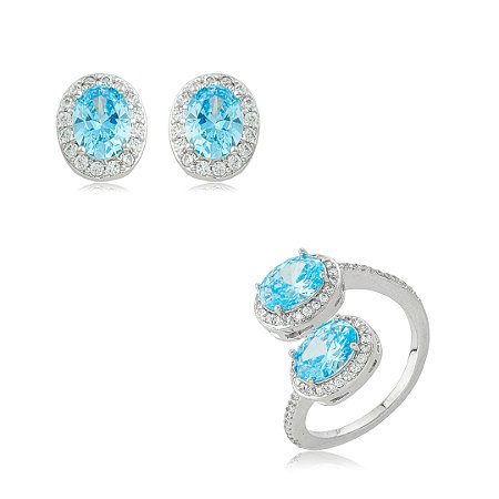 Conjunto de brinco e anel oval regulável com zircônia cristal e acqua banho em ródio branco
