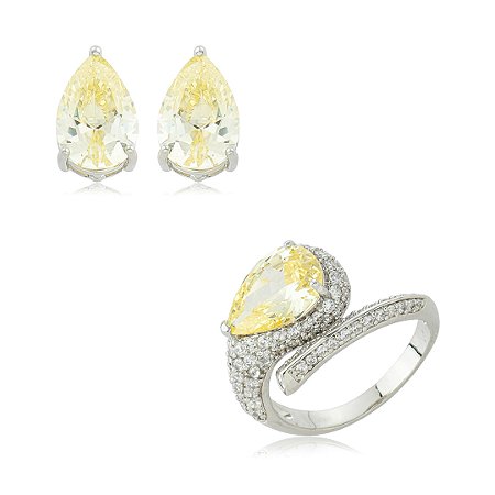 Conjunto de brinco e anel gota regulável com zircônia cristal e yellow fancy banho em ródio branco