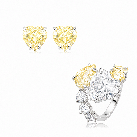 Conjunto de brinco e anel coração com zircônia cristal e yellow fancy banho em ródio branco