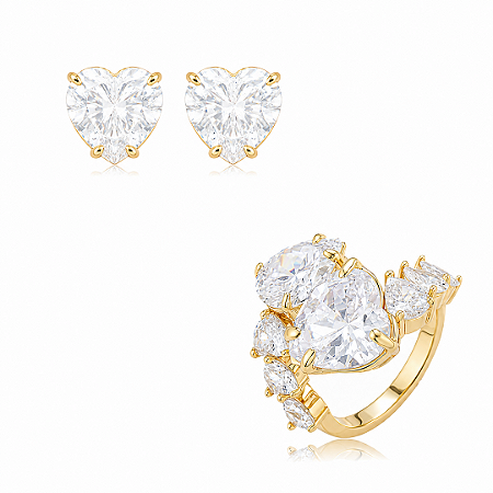 Conjunto de brinco e anel coração com zircônia cristal banho em ouro 18k