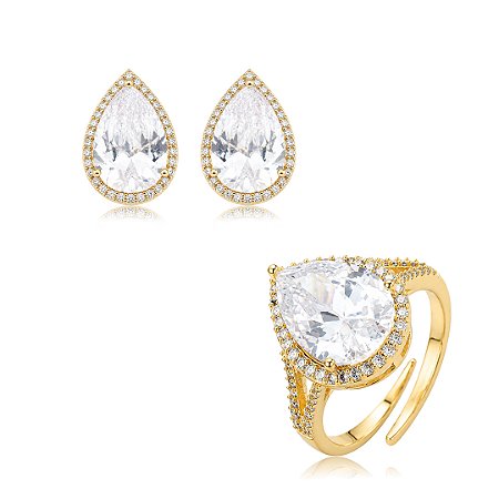 Conjunto de brinco e anel gota com zircônia cristal banho em ouro 18k