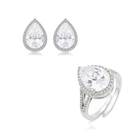Conjunto de brinco e anel gota com zircônia cristal banho em ródio branco