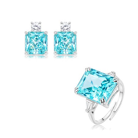 Conjunto de brinco e anel luxo com zircônia ice cut turmalina paraíba banho em ródio branco