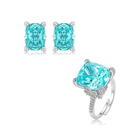 Conjunto de brinco e anel luxo com zircônia ice cut turmalina paraíba banho em ródio branco