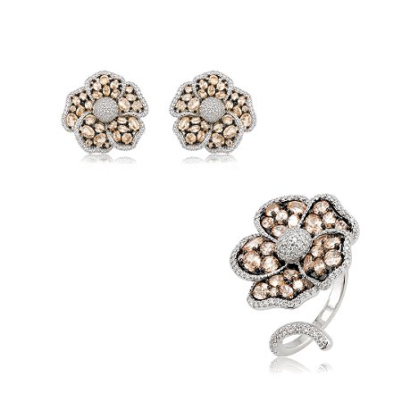 Conjunto de brinco e anel flor luxo com zircônia morganita banho em ródio branco