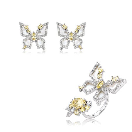Conjunto de brinco e anel borboleta com madre pérola e zircônia yellow fancy banho em ródio branco