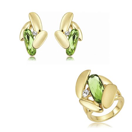 Conjunto de brinco e anel acetinado com zircônia esmeralda banho em ouro 18k