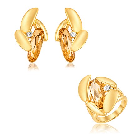 Conjunto de brinco e anel acetinado com zircônia champanhe banho em ouro 18k