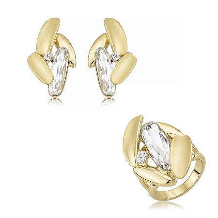 Conjunto de brinco e anel acetinado com zircônia cristal banho em ouro 18k