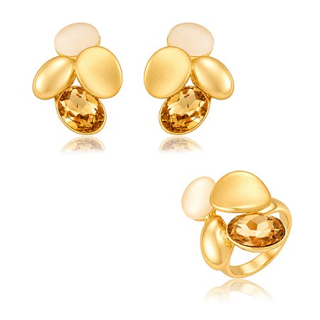 Conjunto de brinco e anel acetinado com zircônia champanhe e pedra natural banho em ouro 18k
