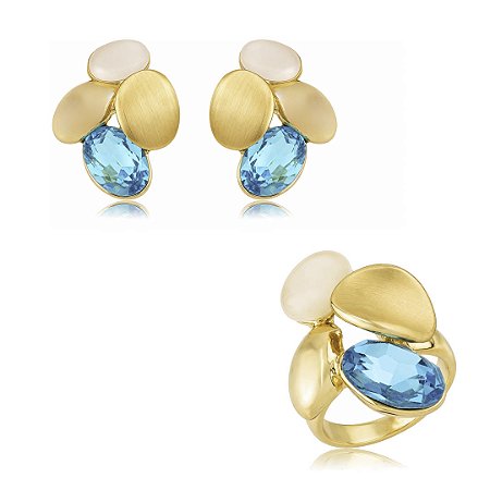 Conjunto de brinco e anel acetinado com zircônia acqua e pedra natural banho em ouro 18k