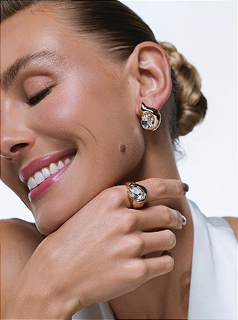 Conjunto de brinco e anel com zircônia cristal banho em ouro 18k